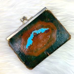 •antique• Embossed & Painted {green blue brown} Leather |kisslock| Purse
